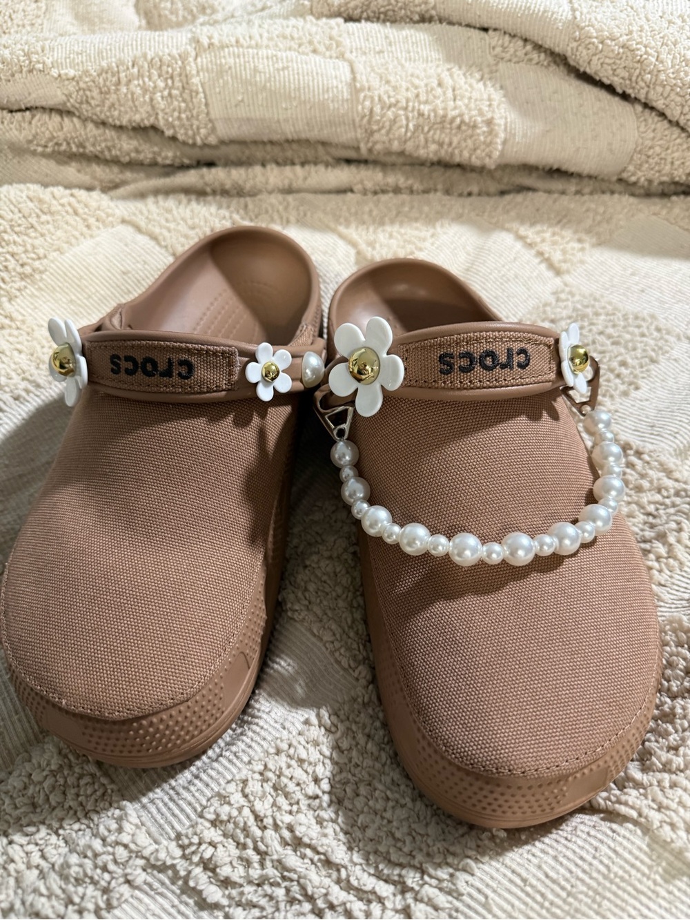 CROCS Brown fabric Clog, with White Flower Charms & Pearl Strap